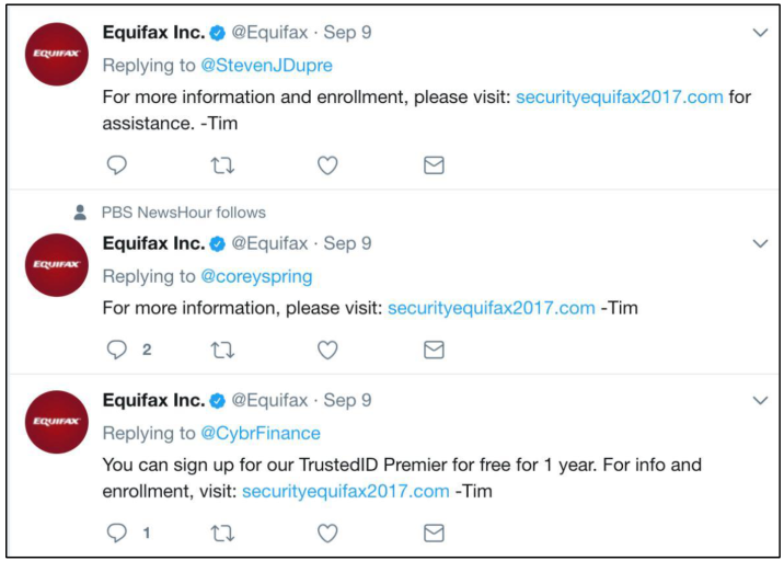 Equifax公式Twitterの投稿3件のスクリーンショット。誤った securityequifax2017.com への案内が掲載されている
