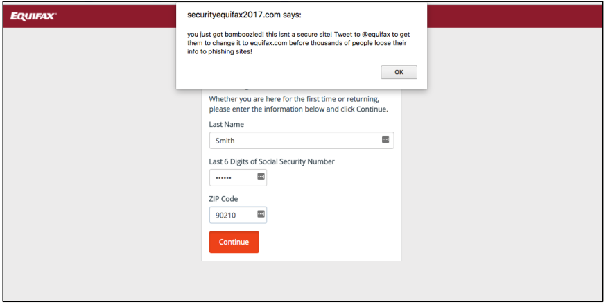偽のEquifax情報確認サイトの画面。入力欄の上に安全なサイトではないと注意を促すポップアップが表示されている